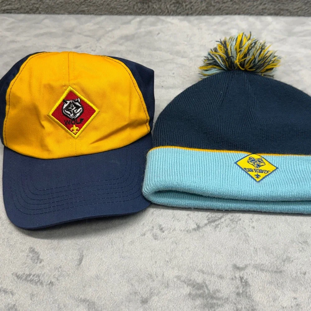 Scouts Wolf Cub Scout Baseball Cap and Beanie Hat Set Kids S M Navy Yellow‎ Blue